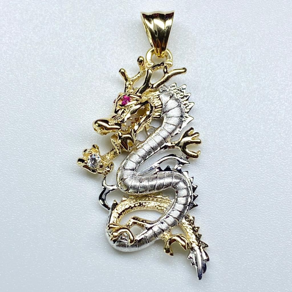 14k Solid Gold Two Tone Dragon Pendant Charm